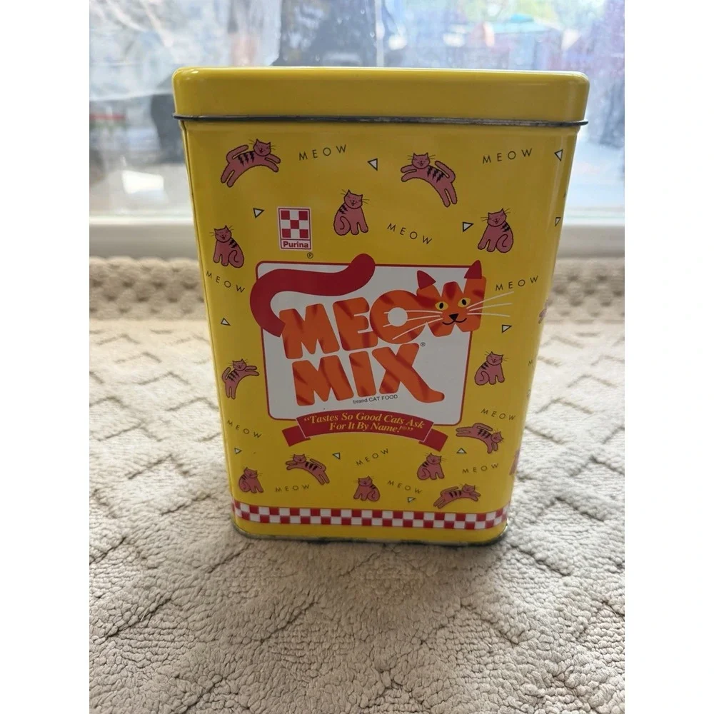 Purina MEOW MIX TIN Collectible 1996 Tin Cat Food Canister Tin Vintage Kitty Tin